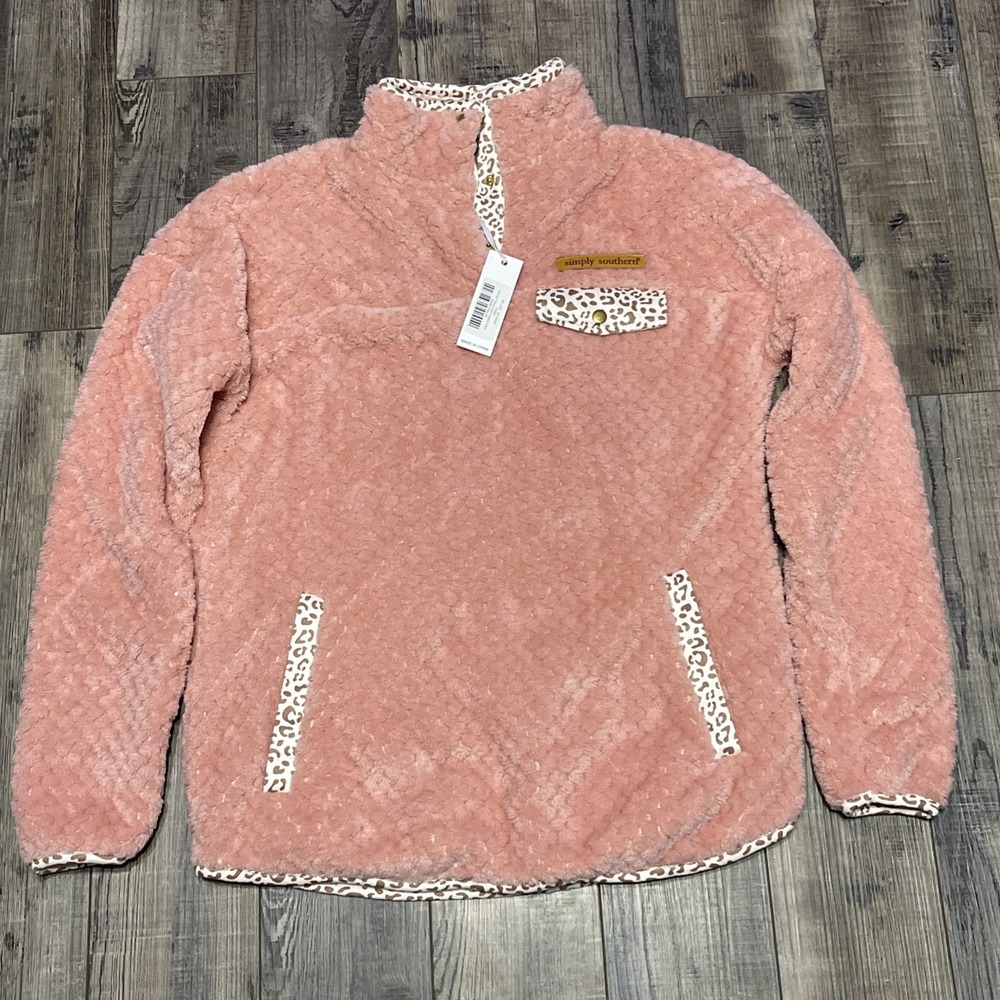 New Simply Southern Textured Fleece Pullover 1/4 Snap Sm Pink Animal Print NWT